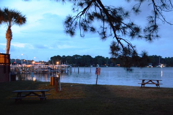 Laguna Park at night looking out over Cinco Bayou
